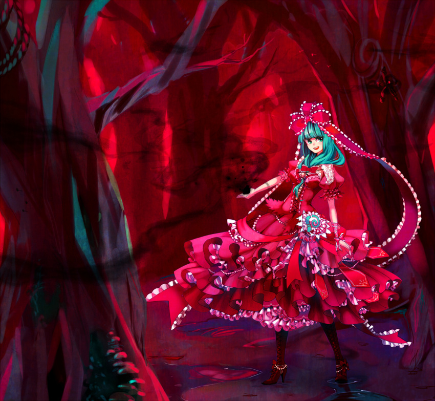 boots, bow, breasts, dress, frills, front_ponytail, gathers, green_eyes