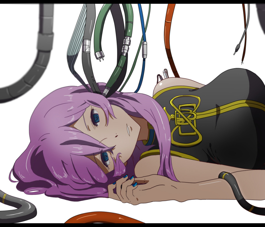 bare_shoulders, blue_eyes, cable, letterboxed, long_hair, lying, lying_on_side, megurine_luka