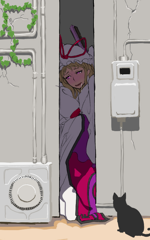 blonde, cat, fan, hat, hone_shoukan, purple_eyes, ribbon, saliva, sleepy, touhou, vines, yakumo_yukari