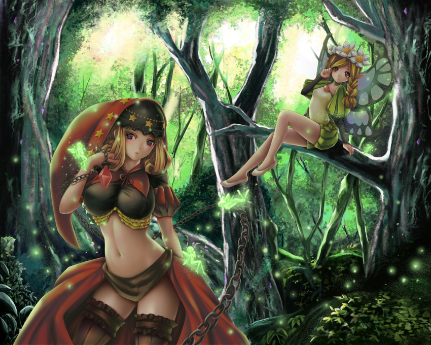 2girls, blonde_hair, breasts, chain, chains, forest, impossible_clothes, large_breasts