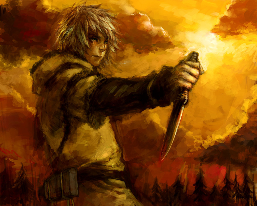 dagger, highres, nature, realistic, reverse_grip, ruushii, short_hair, solo, thorfinn, vinland_saga, weapon