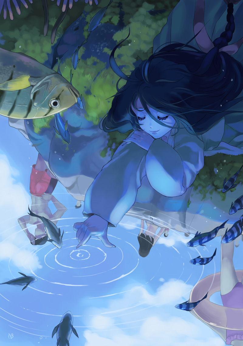 2boys, 3girls, algae, bikini, black_hair, blonde_hair, braid, chest