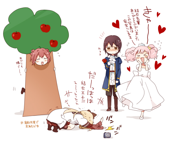>_<, :d, ^_^, ahoge, akaza_akari, apple, black_hair, black_legwear, blonde_hair, blue_eyes, blush, bow, brown_eyes, camera, closed_eyes, crossdressinging, double_bun, embarrassed, flower, food, fruit, funami_yui, gloves, hair_bow, hair_bun, hand_on_cheek, hands_on_own_cheeks, hands_on_own_face, heart, kneehighs, laughing, long_hair, multiple_girls, namori, open_mouth, pink_hair, prince, red_rose, rose, school_uniform, short_hair, smile, tiara, toshinou_kyouko, translated, translation_request, tree, tree_costume, twintails, xd, yoshikawa_chinatsu, yuru_yuri