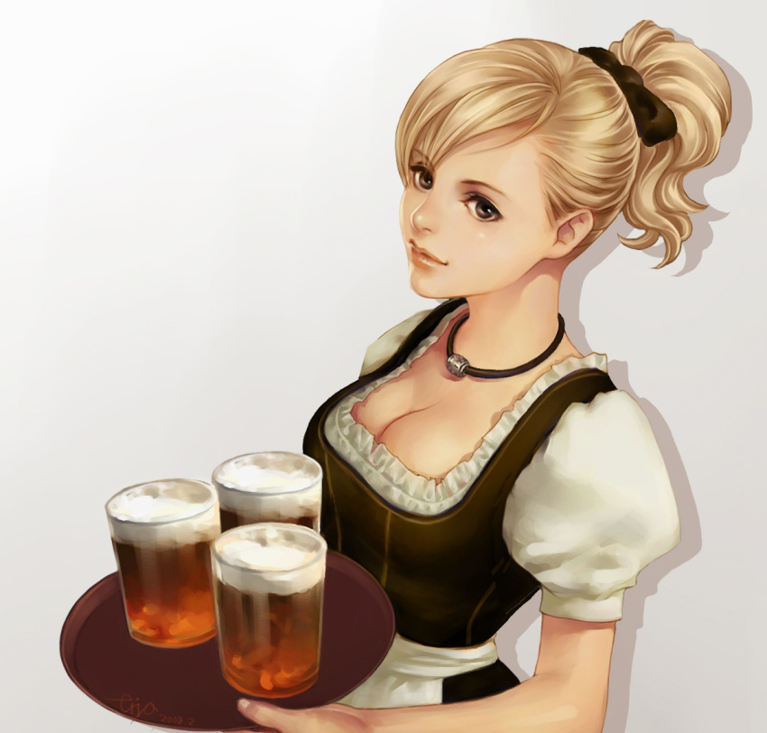 beer, blonde_hair, breasts, brown_eyes, cleavage, eriya-j, jewelry, lips, necklace, original, ponytail, realistic, short_hair, smile, solo, tray, waitress