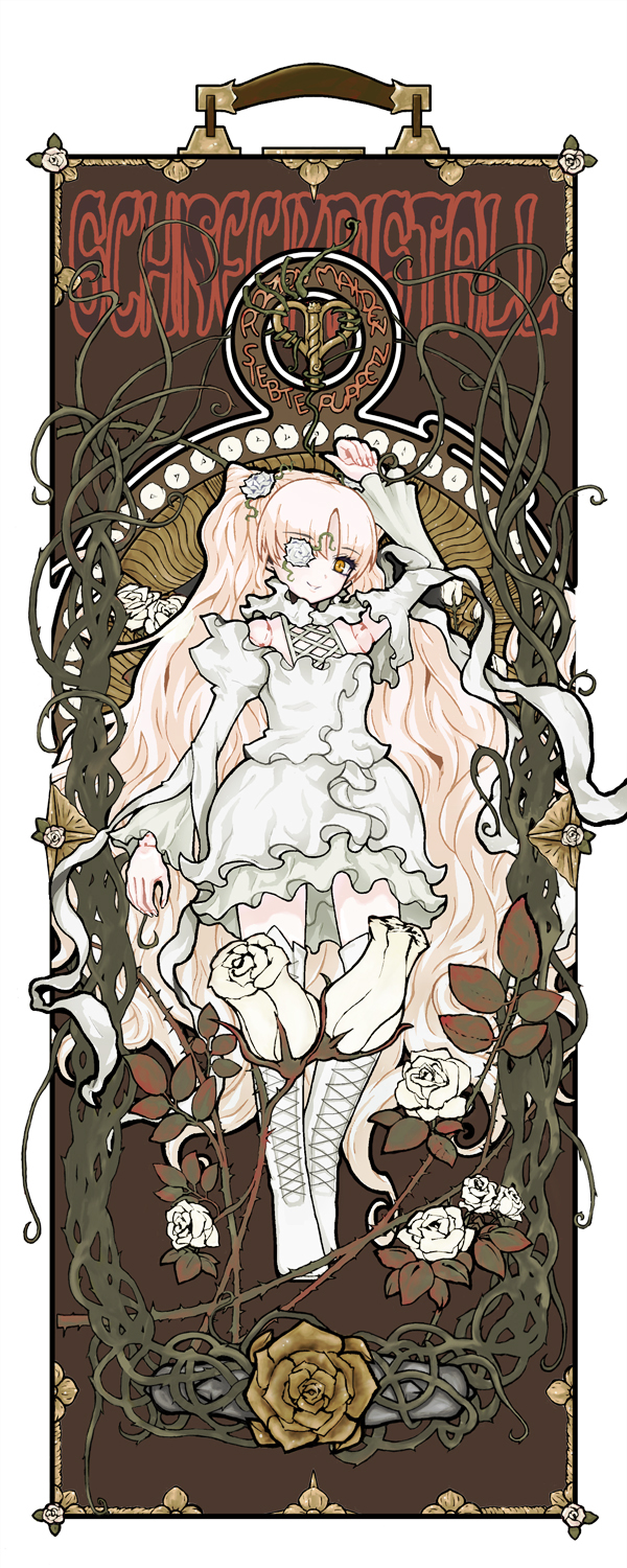 art_nouveau, boots, brown_eyes, doll_joints, eyepatch, flower, fujinozu, highres