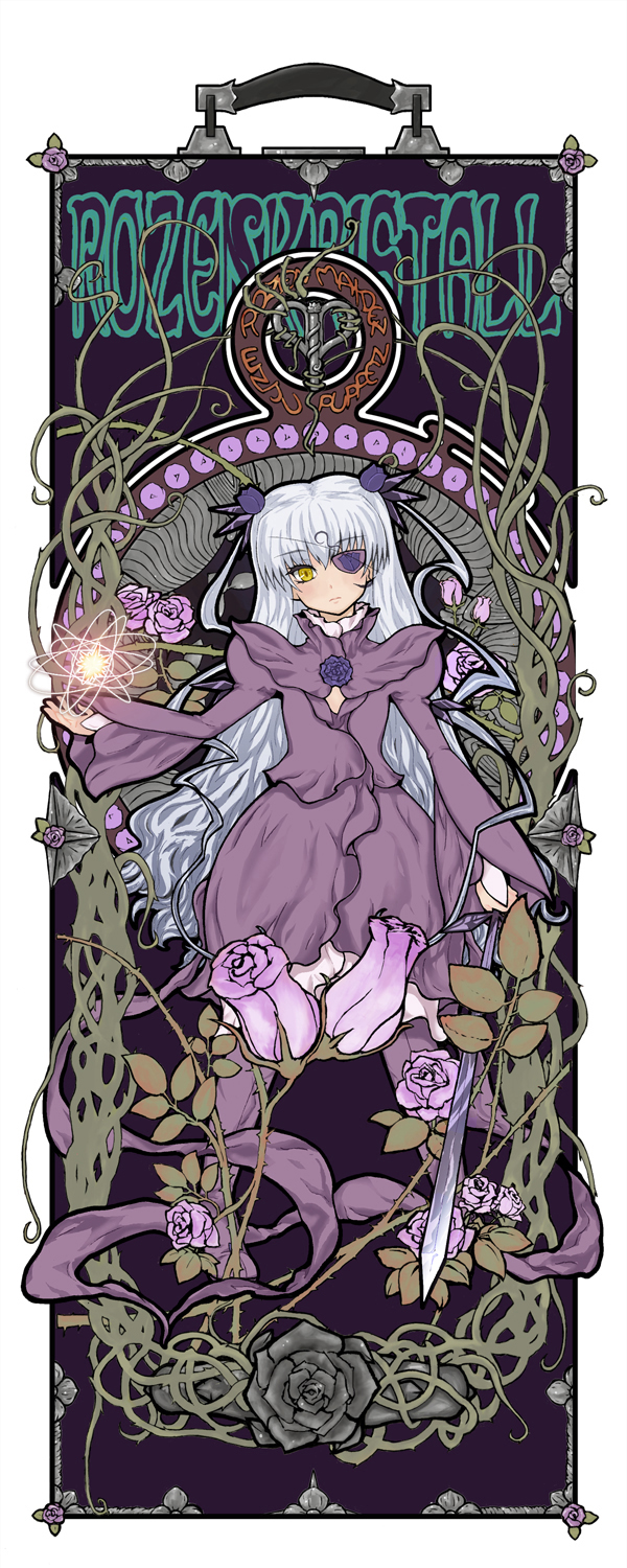 art_nouveau, barasuishou, black_rose, dress, eyepatch, flower, fujinozu, highres