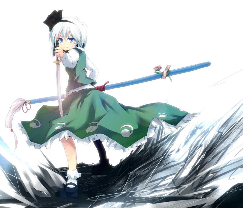 blue_eyes, bobby_socks, bow, dress, dress_shirt, fighting_stance, footwear, hair_ribbon, hairband, katana, konpaku_youmu, mary_janes, ribbon, scabbard, serious, sheath, sheathed, shirt, shoes, short_hair, silver_hair, skirt, socks, solo, standing, sword, tonton, tonton_(hamuni123), touhou, vest, weapon, white_legwear