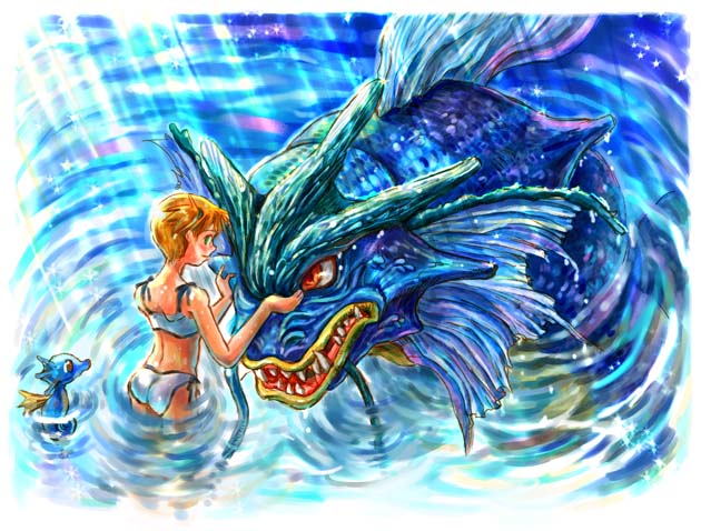 1girl, ass, bikini, green_eyes, gyarados, horsea, kasumi_(pokemon), kiwakiwa, midriff, orange_hair, pokemon, pokemon_(creature), pokemon_(game), pokemon_rgby, short_hair, side-tie_bikini, side_ponytail, swimsuit, water