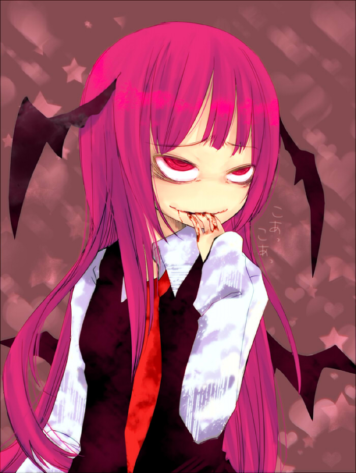 artist_request, bat_wings, blood, crazy_eyes, dress_shirt, finger_to_mouth, head_wings, heart, koa_(phrase), koakuma, long_hair, long_sleeves, necktie, no_nose, red_eyes, red_hair, red_tie, rolling_eyes, shirt, skirt, skirt_set, solo, spoilers, star, the_embodiment_of_scarlet_devil, tmk_(tmk92), touhou, translated, very_long_hair, vest, wings, yandere