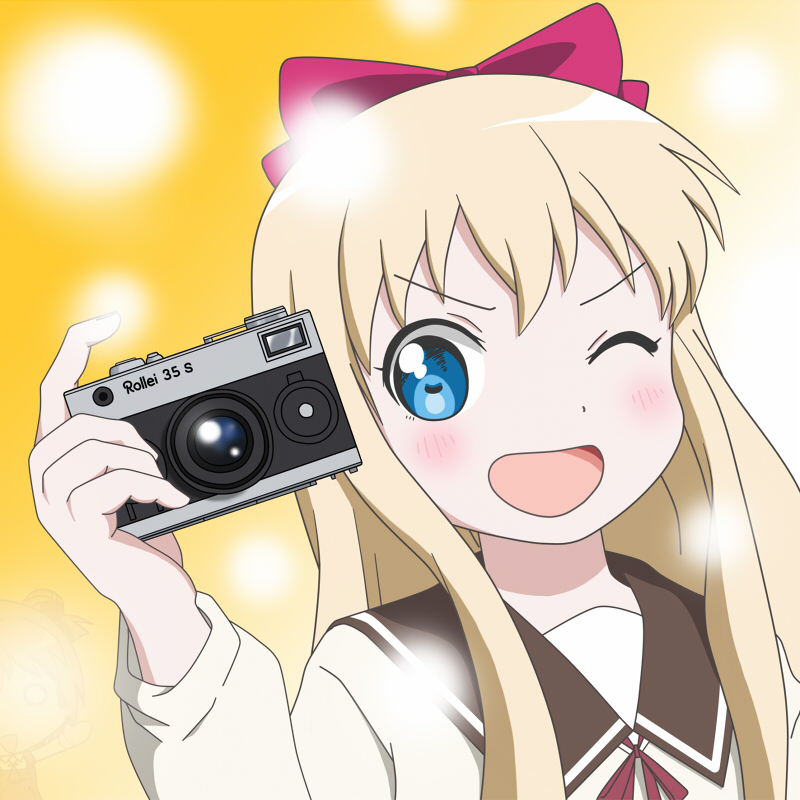 akaza_akari, blonde_hair, bow, camera, cosplay, dp_nobi, hair_bow, hidamari_sketch