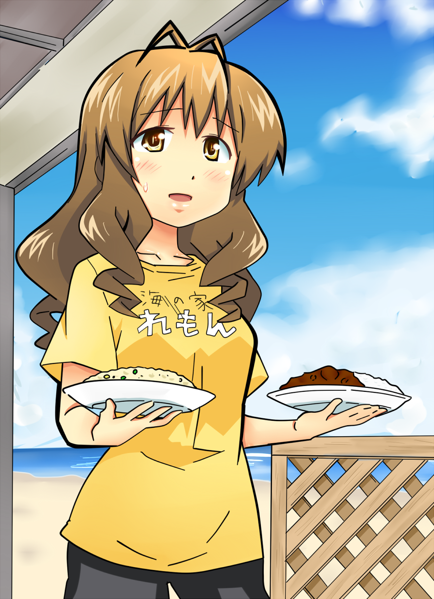 antenna_hair, beach, cloud, curry, drill_hair, food, fried_rice, highres