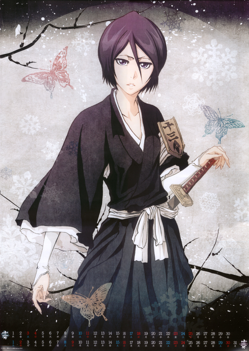 1girl, bleach, butterfly, female, fukutaichou_badge, hair_between_eyes, hand_on_sword, highres