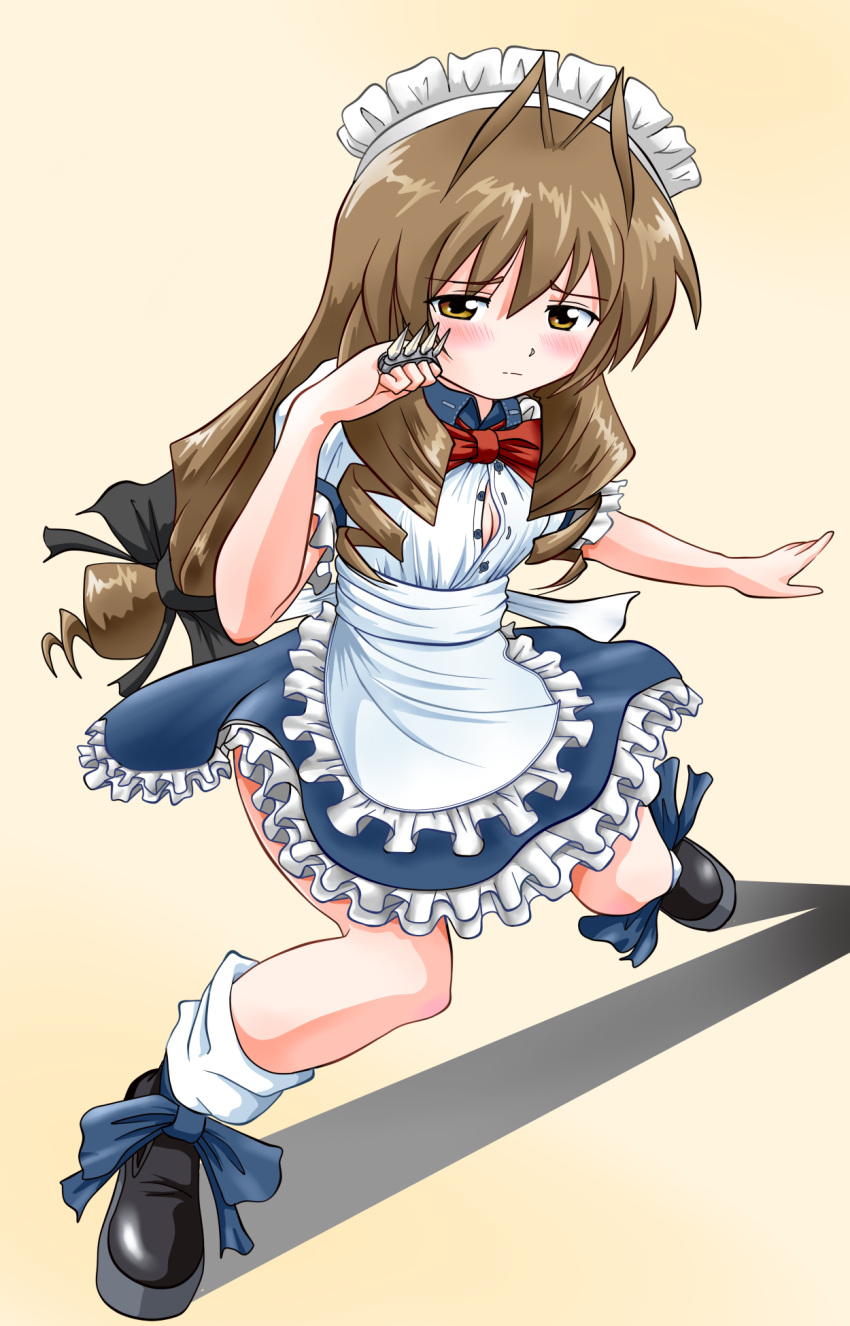 antenna_hair, apron, blush, bow, footwear, highres, loose_socks, maid