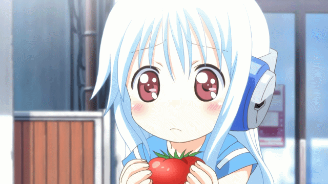 animated_gif, brown_eyes, flower_(kowarekake), headphones, kowarekake_no_orgel, long_hair, tomato, white_hair