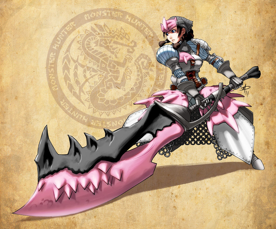armor, armored_dress, blue_eyes, braid, breastplate, breasts, brown_hair, chainmail, daniel_macgregor, faulds, full_armor, gauntlets, helmet, huge_weapon, logo, monster_hunter, puffy_shoulders, puffy_sleeves, rathian_(armor), solo, sword, twin_braids, weapon