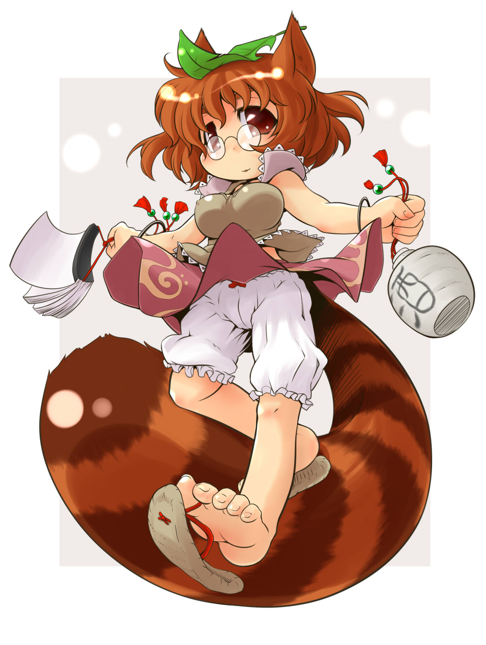 animal_ears, barefoot, bloomers, bottle, brown_eyes, brown_hair, eugene_onegin, feet, futatsuiwa_mamizou, glasses, highres, leaf, leaf_on_head, midriff, notebook, raccoon_ears, raccoon_tail, sake, sake_bottle, shirt, short_hair, skirt, soles, solo, tail, takura_mahiro, toes, touhou, upskirt