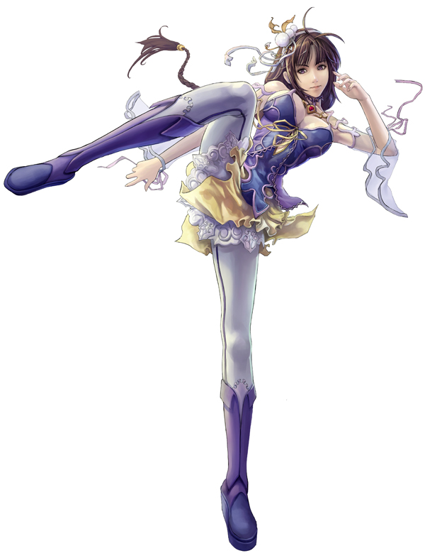 braid, breasts, brown_hair, cleavage, eat, fighting_stance, leg_lift, legs