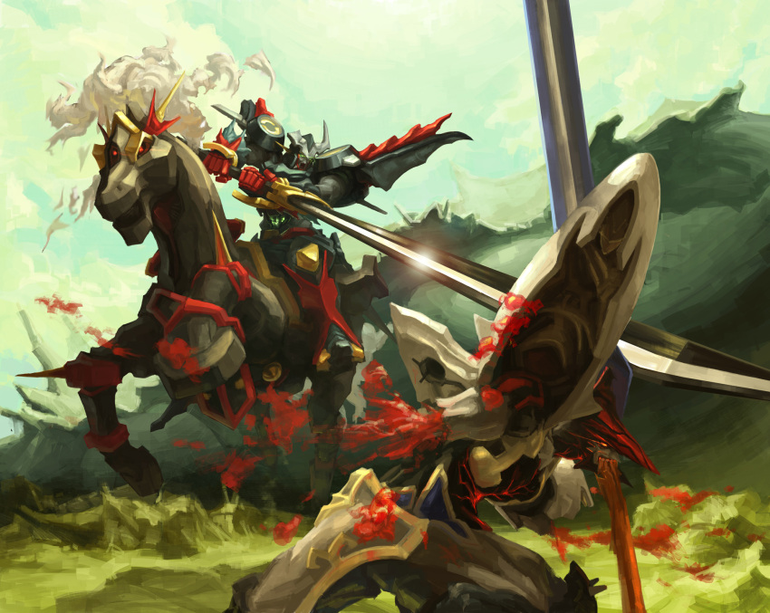 battle, blood, dygenguar, guts_(artist), highres, horse, horseback_riding, huge_weapon