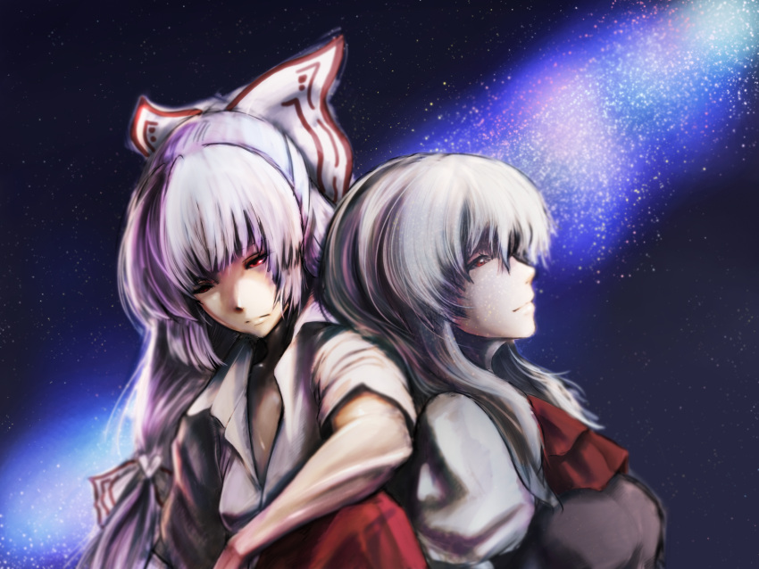 ascot, baten_(gei-vorugu), blue_hair, bow, bust, fujiwara_no_mokou, hair_bow, highres