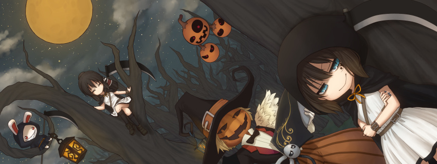 bare_tree, blue_eyes, brown_hair, bunny, closed_eyes, crossed_arms, crossed_legs, eyes_closed