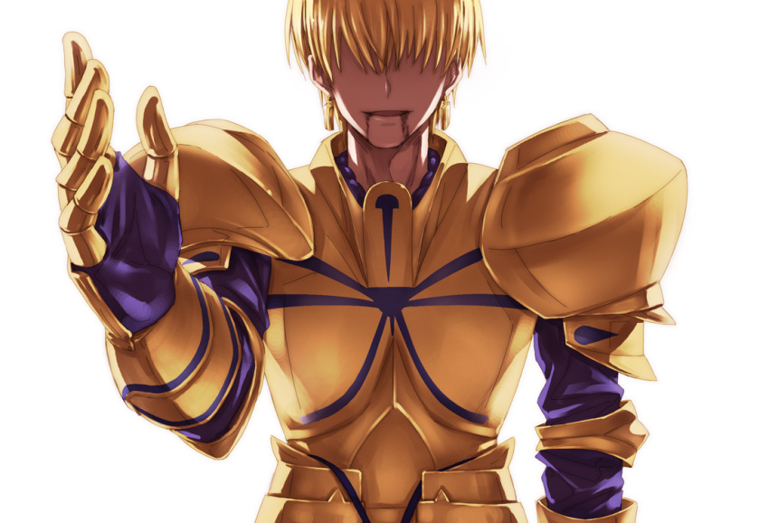 armor, blonde_hair, blood, blood_on_face, earrings, fate/stay_night, fate_(series), gilgamesh