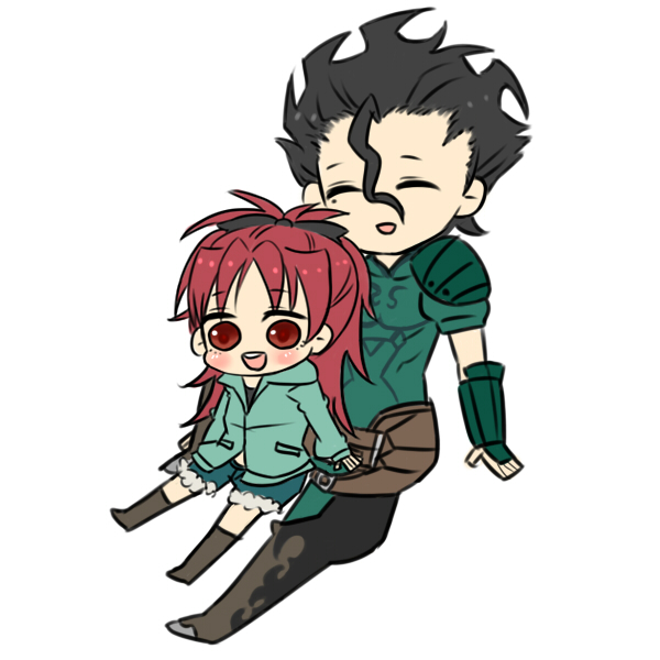 1boy, 1girl, ^_^, black_hair, boots, casual, chibi, closed_eyes, eyes_closed, fate/stay_night, fate/zero, fate_(series), lancer_(fate/zero), long_hair, mahou_shoujo_madoka_magica, mole, owaranaimono, red_eyes, red_hair, redhead, sakura_kyouko, shorts