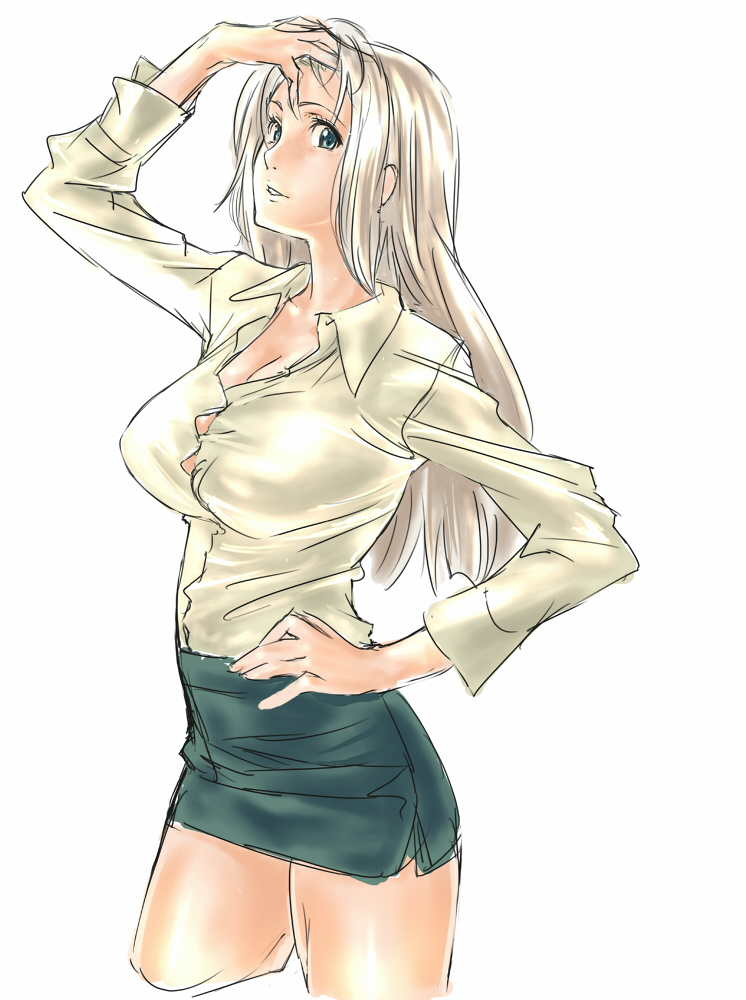 breasts, cleavage, copyright_request, dodai_shouji, green_eyes, hand_on_hip, hips, large_breasts, light_smile, long_hair, miniskirt, shirt, sho~taro, simple_background, sketch, skirt, solo, taut_shirt