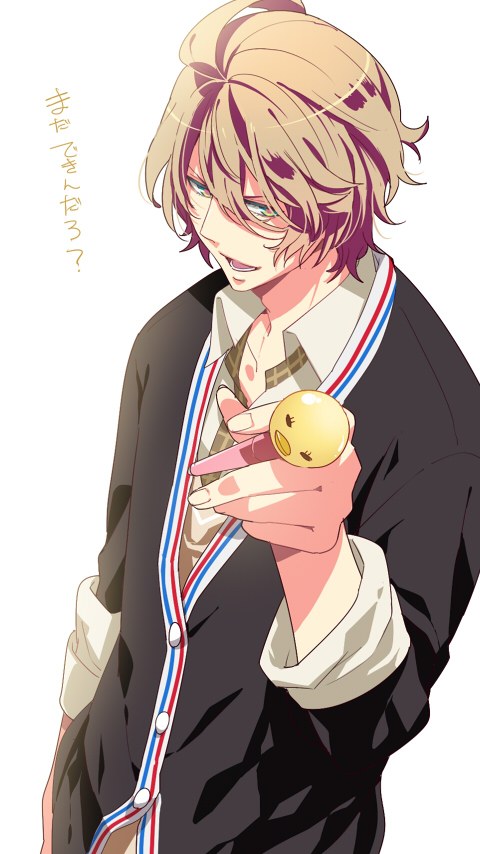 bird, blonde_hair, duck, green_eyes, male, open_mouth, plaid, shinomiya_natsuki