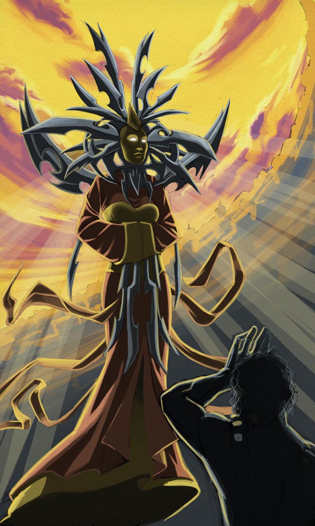 backlighting, belt, black_hair, blade, cloud, from_behind, glowing_eyes, hands_in_sleeves, lady_of_pain, monsieurto, nameless_one, planescape:_torment, robe