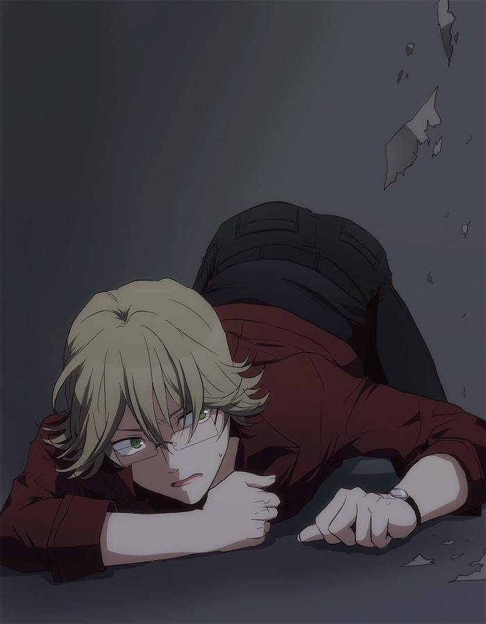 ane_(artist), barnaby_brooks_jr, blonde_hair, burnt, crawling, glasses, green_eyes, male, paper, solo, teenage, tiger_&amp;_bunny, watch, wristwatch, young