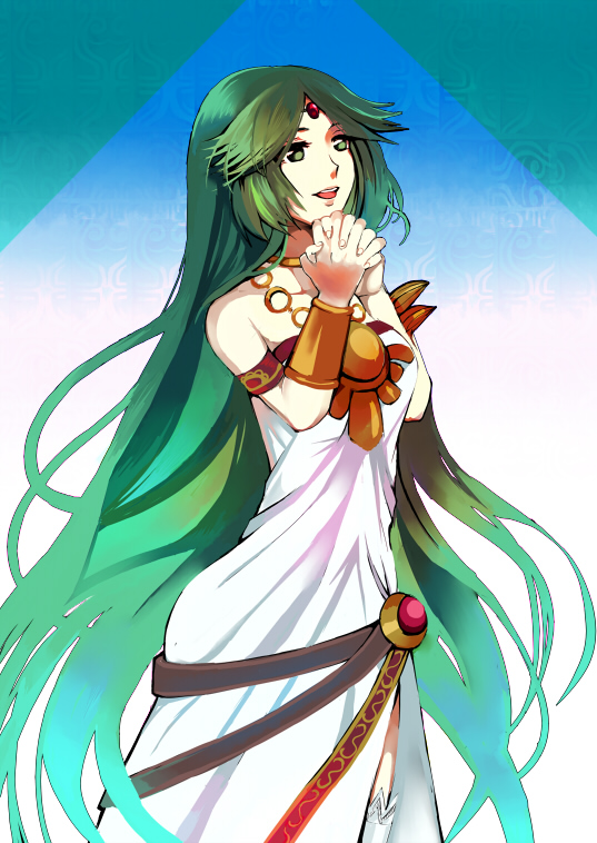 1girl, cute, goddess, green_eyes, green_hair, haniwa, haniwa_(hnw), kid_icarus, long_hair, nintendo, palutena, smile, solo, sora_(company), tagme, very_long_hair