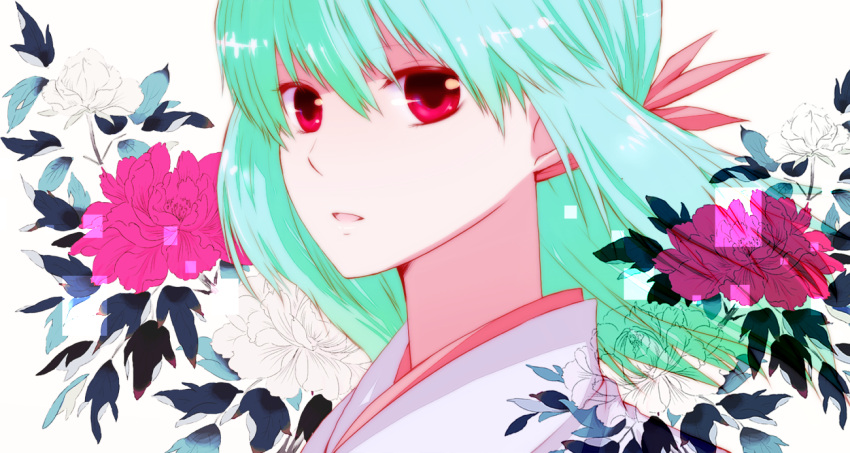 5204, aqua_hair, face, female, flower, green_hair, japanese_clothes, kimono, long_hair, open_mouth, peony_(flower), rafu22001, red_eyes, solo, yu_yu_hakusho, yukina, yukina_(yu_yu_hakusho), yuu_yuu_hakusho
