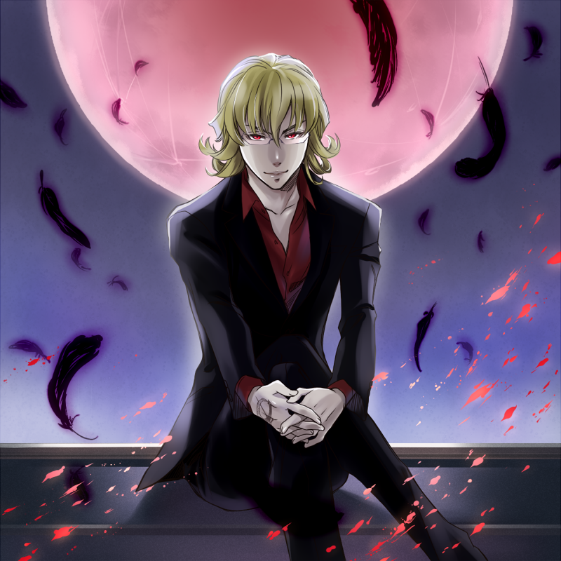 barnaby_brooks_jr, blonde_hair, crossed_legs, dark_persona, feathers, formal, full_moon, glasses