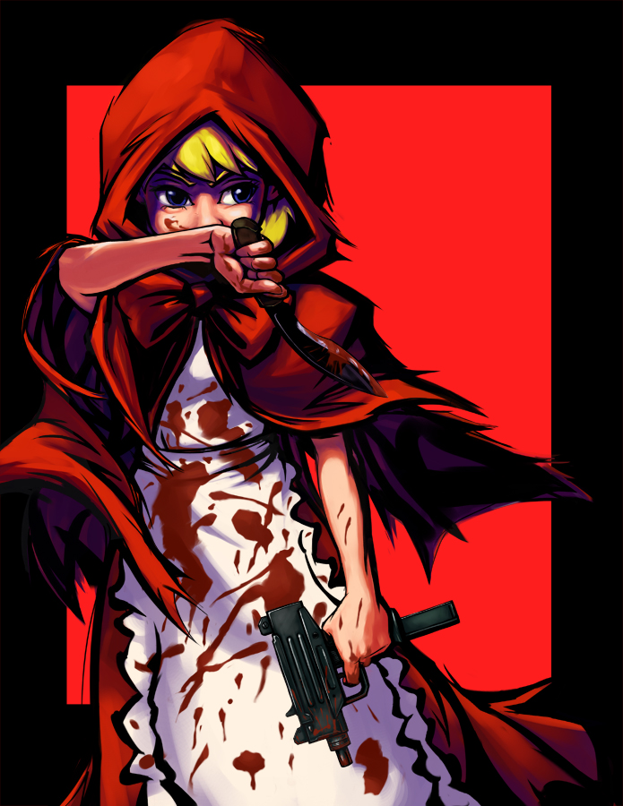 apron, blonde_hair, blood, blood_on_face, blue_eyes, bulleta, gun, hood