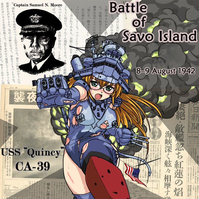 american_flag, asahi_shinbun, cruiser, damaged, dated, flag, glasses, injury, konoekihei, military, navy, newspaper, novel, open_mouth, partially_translated, personification, pov_aiming, samuel_nobre_moore, ship, smoke, torn_clothes, translation_request, uss_quincy, world_war_ii