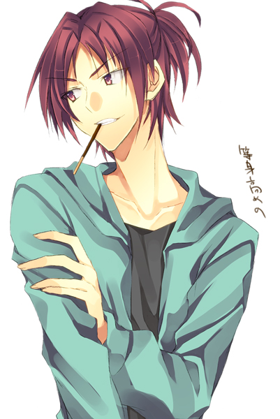 genderswap, mahou_shoujo_madoka_magica, male, pocky, red_eyes, red_hair, redhead, saigi, sakura_kyouko, solo