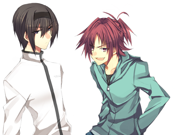 akemi_homura, black_hair, fang, gakuran, genderswap, hairband, hoodie, mahou_shoujo_madoka_magica, male, multiple_boys, purple_eyes, red_eyes, red_hair, redhead, saigi, sakura_kyouko, school_uniform, short_hair, simple_background, violet_eyes, white_background