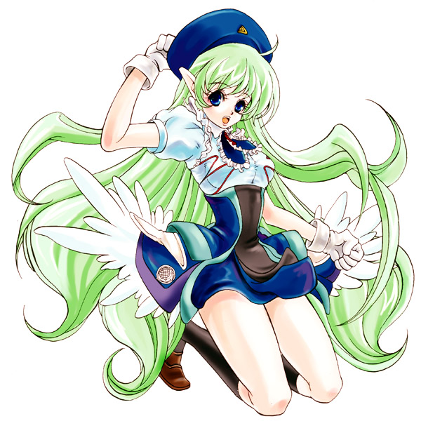 1girl, airplane, blue_eyes, dress, ffr-31mr/d_super_sylph, green_hair, hat, jet, long_hair, personification, pointy_ears, sentou_yousei_shoujo_tasukete_mave-chan, sentou_yousei_yukikaze, simple_background, solo, super_sylph, white_background