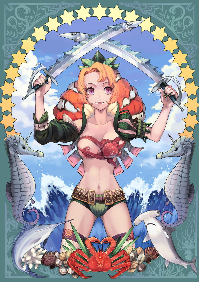 1girl, bare_shoulders, breasts, censored, convenient_censoring, crab, dual_wielding, fish
