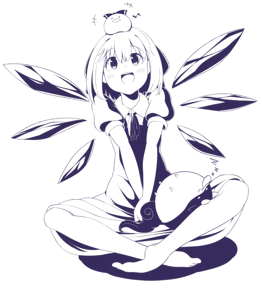 3girls, animal_on_head, barefoot, bird, bird_on_head, bow, chibi_on_head, cirno