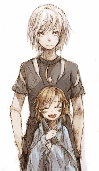 ahoge, blanket, blush_stickers, brown_hair, closed_eyes, last_order, nemu_(isaya), nemu_(pixiv), red_eyes, short_hair, silver_hair, sketch, smile, to_aru_majutsu_no_index