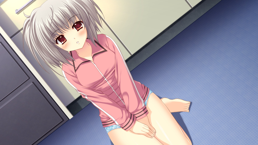 1girl, blush, game_cg, grey_hair, kona_nako, nishimata_aoi, panties, red_eyes