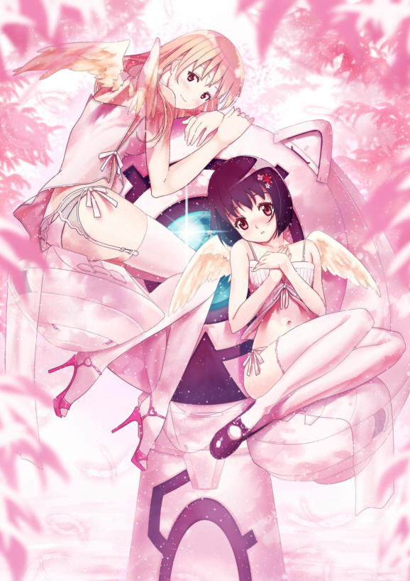 angel_wings, blue_hair, blush, brown_hair, flower, hair_flower, hair_ornament, kamisama_dolls, kuga_utao, kukuri_(kamisama_dolls), long_hair, midriff, multiple_girls, nagareboshi, navel, shiba_hibino, short_hair, thigh-highs, thighhighs, wings