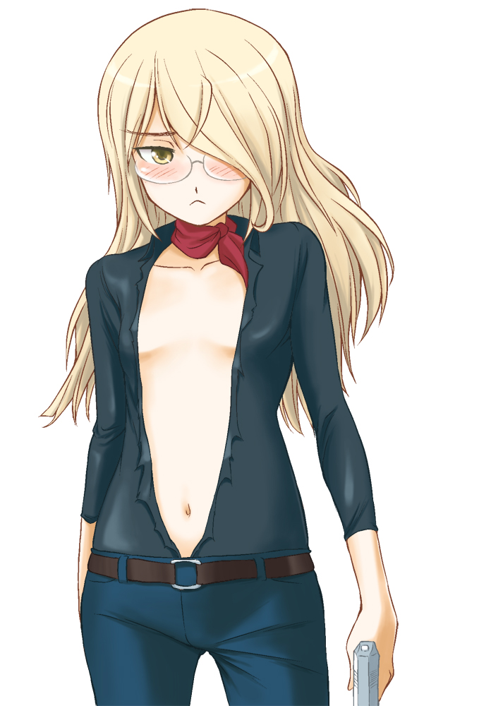 belt, blonde_hair, blush, flat_chest, glasses, gun, hair_over_one_eye, jeans