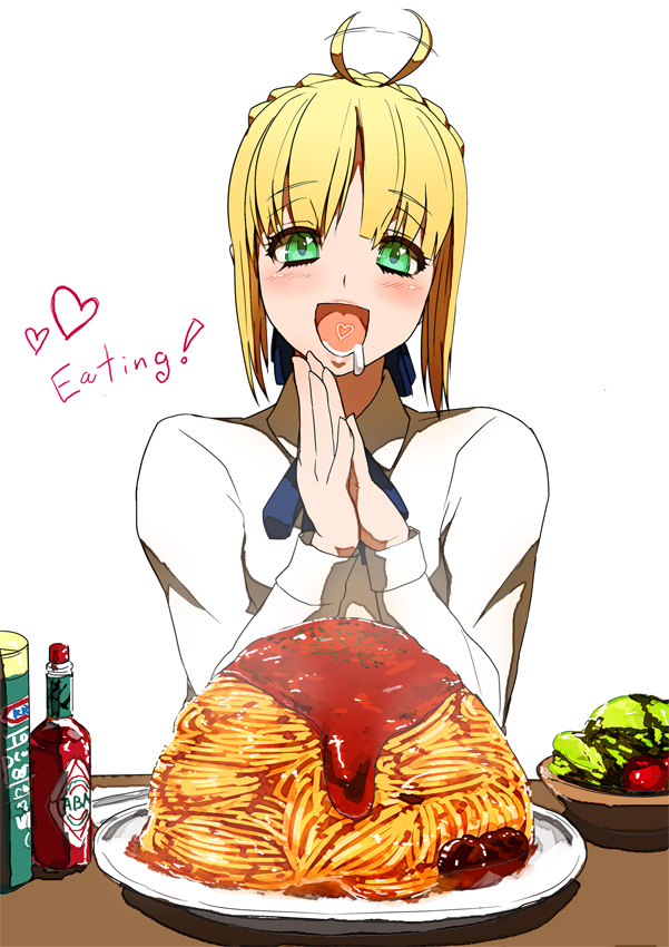 ahoge, ahoge_wag, blonde_hair, drooling, fate/stay_night, fate_(series), food, heart