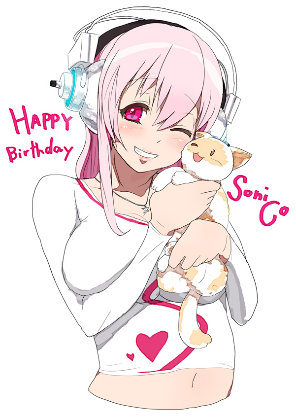 breasts, cat, happy_birthday, headphones, jewelry, konoma, large_breasts, long_hair