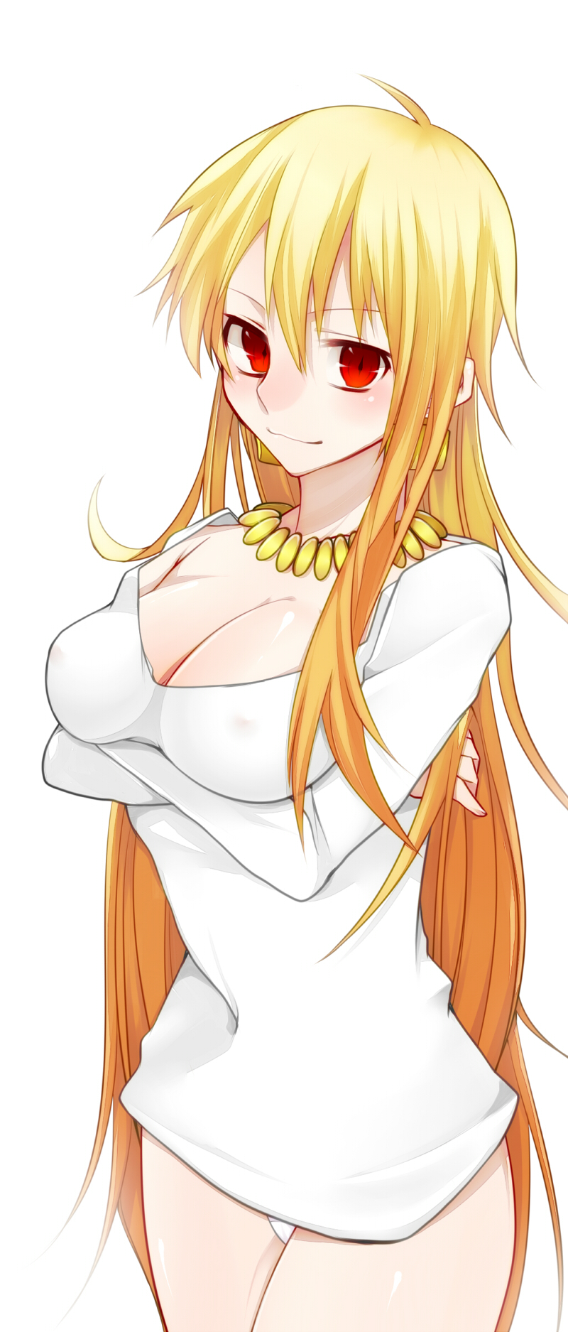 ahoge, blonde_hair, breasts, cleavage, crossed_arms, earrings, fate/stay_night, fate/zero, fate_(series), genderswap, gilgamesh, gilgamesh-ko, haine33, haine_(howling), highres, jewelry, long_hair, necklace, no_pants, panties, red_eyes, smile, solo, sweater, underwear, very_long_hair, white_panties
