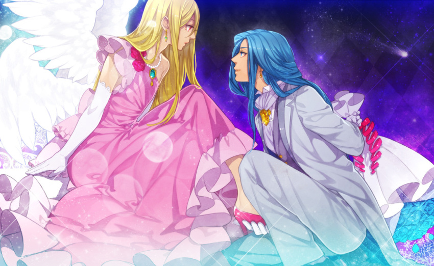 afuro_terumi, angel_wings, blonde, blonde_hair, blue_eyes, blue_rose, bouquet, crossdressinging, dress, earrings, edgar_valtinas, elbow_gloves, flower, formal, gloves, high_heels, inazuma_eleven, inazuma_eleven_(series), jewelry, kinm, long_hair, long_sleeves, male, multiple_boys, multiple_wings, necklace, petals, profile, red_eyes, red_rose, rose, rose_petals, shoes, trap, wings