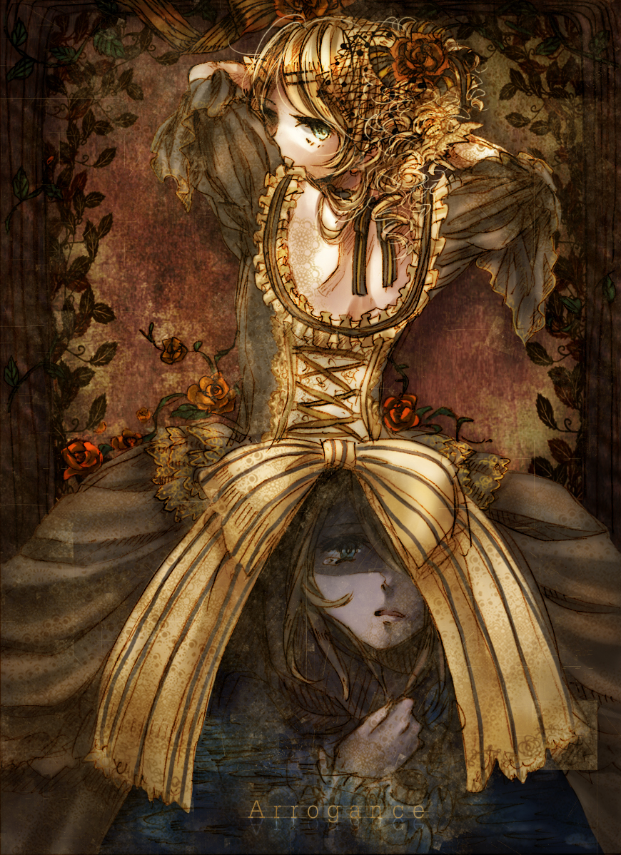 aku_no_meshitsukai_(vocaloid), blonde_hair, crossdressinging, dress, dual_persona, flower, green_eyes, hair_flower
