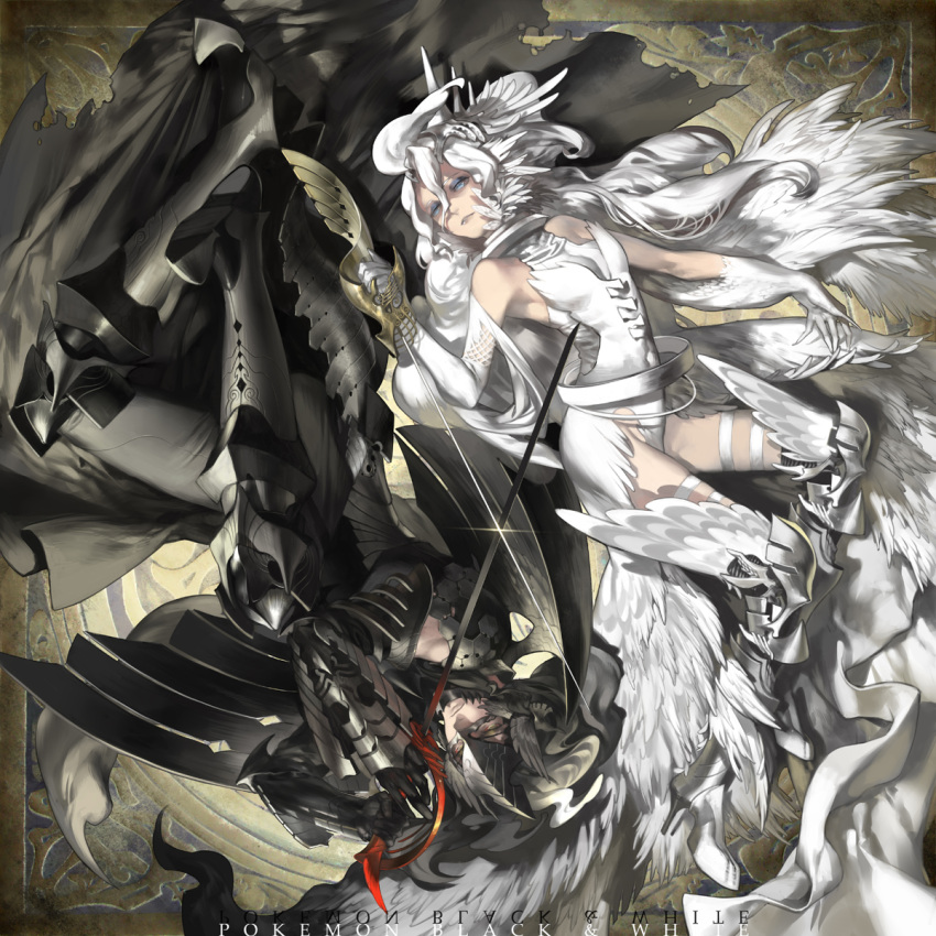1girl, armor, black_hair, black_vs_white, blue_eyes, cape, epic, gauntlets